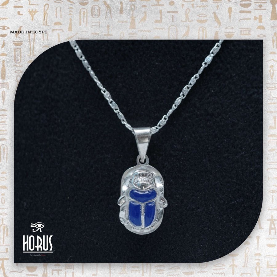 جعران فرعوني فضي بالأزرق الملكي - Horus jewellery NecklaceHorus jewellery