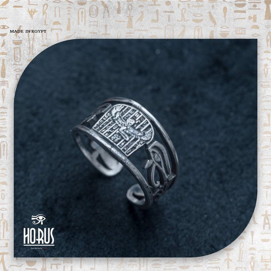 خاتم فضة فرعوني أنيق مزين بعين حورس والخرطوشة الملكية - Horus jewelleryRingsHorus jewellery
