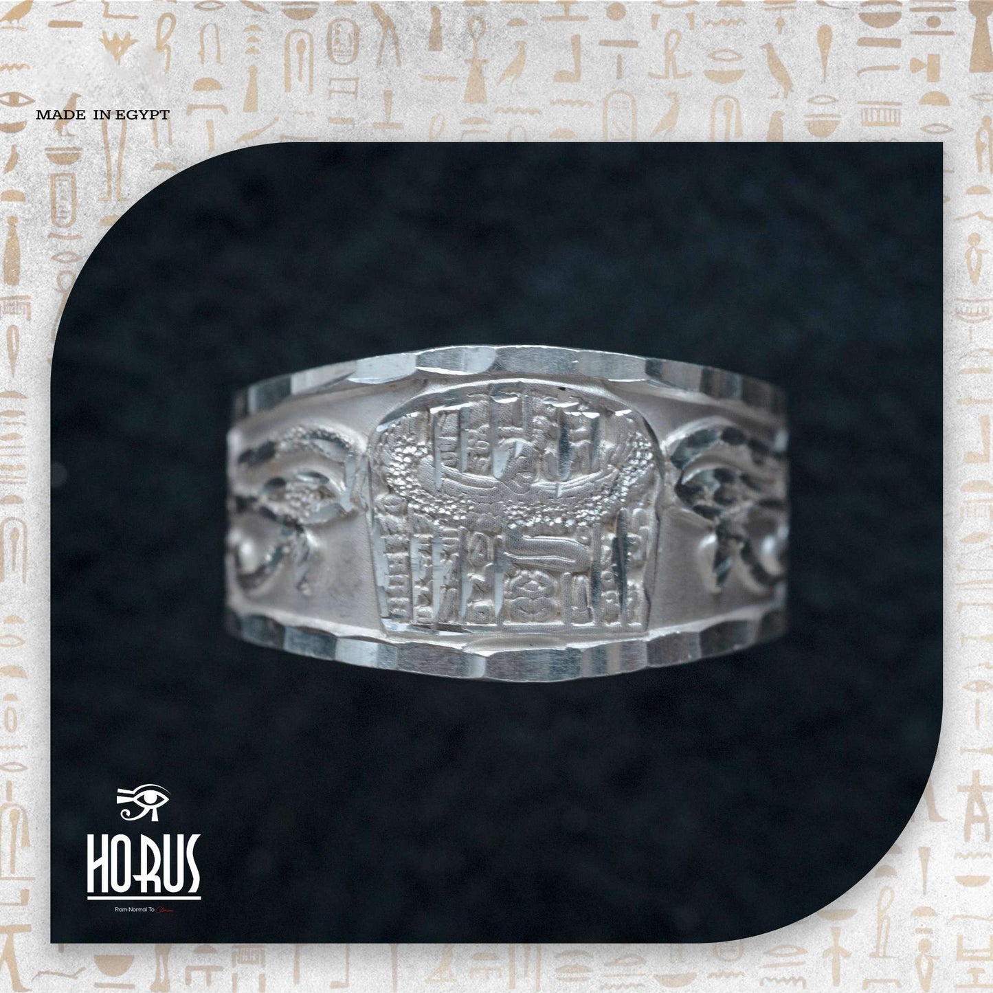 خاتم فضة فرعوني منقوش ليزر | تصميم عين حورس وأجنحة مصرية أصيلة - Horus jewellery RingsHorus jewellery