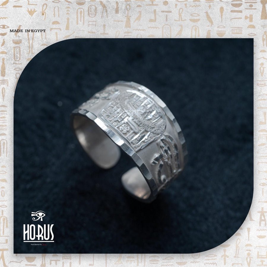 خاتم فضة فرعوني منقوش ليزر | تصميم عين حورس وأجنحة مصرية أصيلة - Horus jewellery RingsHorus jewellery