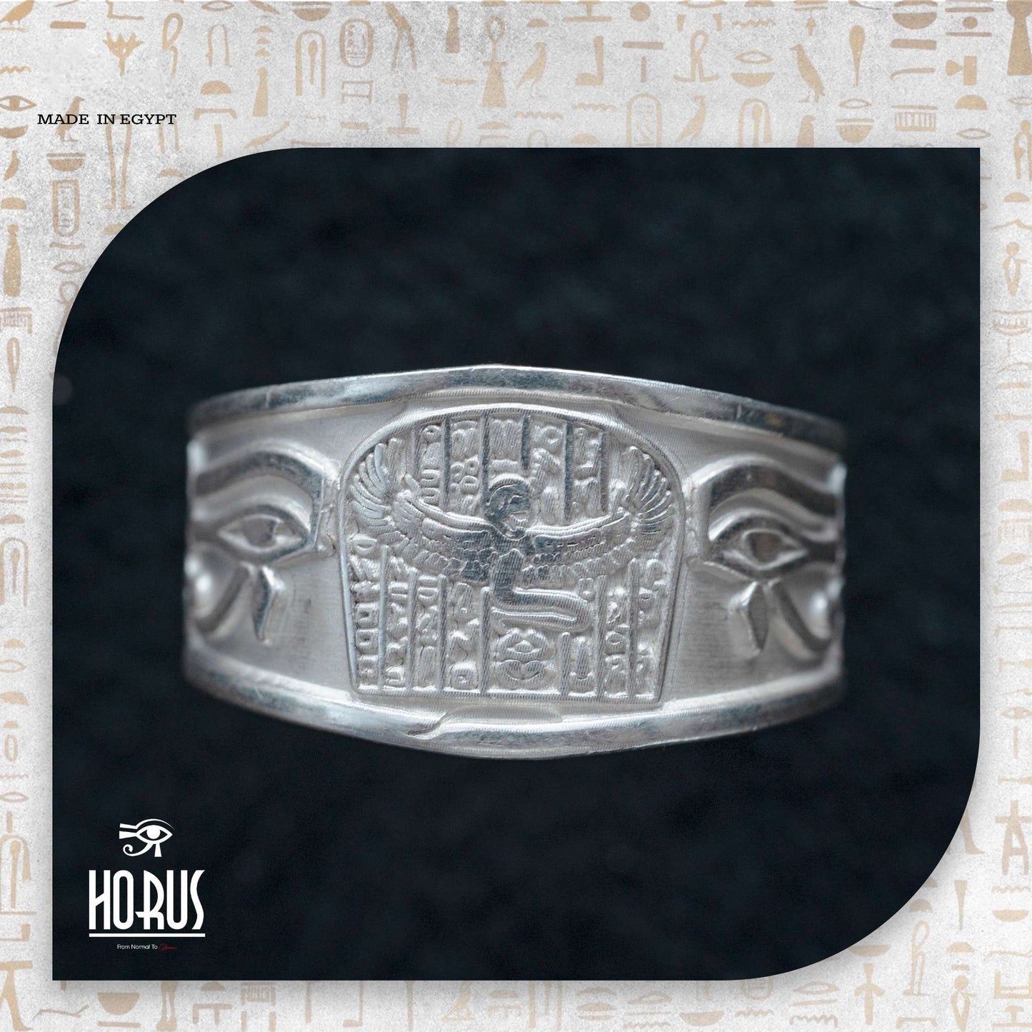 خاتم فضة فرعوني منقوش | تصميم عين حورس وأجنحة مصرية أصيلة - Horus jewellery RingsHorus jewellery