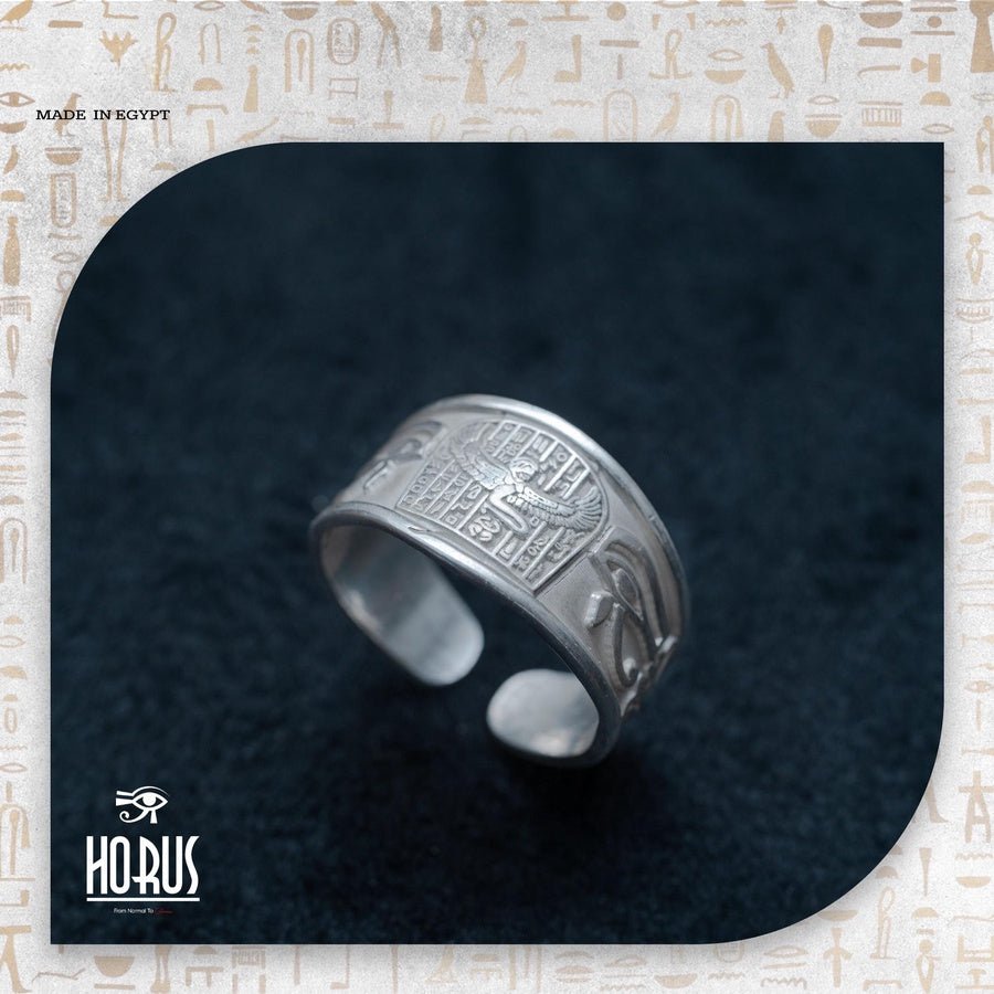 خاتم فضة فرعوني منقوش | تصميم عين حورس وأجنحة مصرية أصيلة - Horus jewellery RingsHorus jewellery