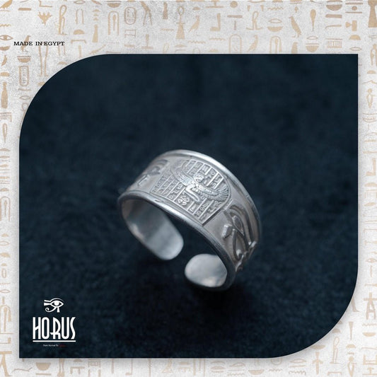 خاتم فضة فرعوني منقوش | تصميم عين حورس وأجنحة مصرية أصيلة - Horus jewellery RingsHorus jewellery