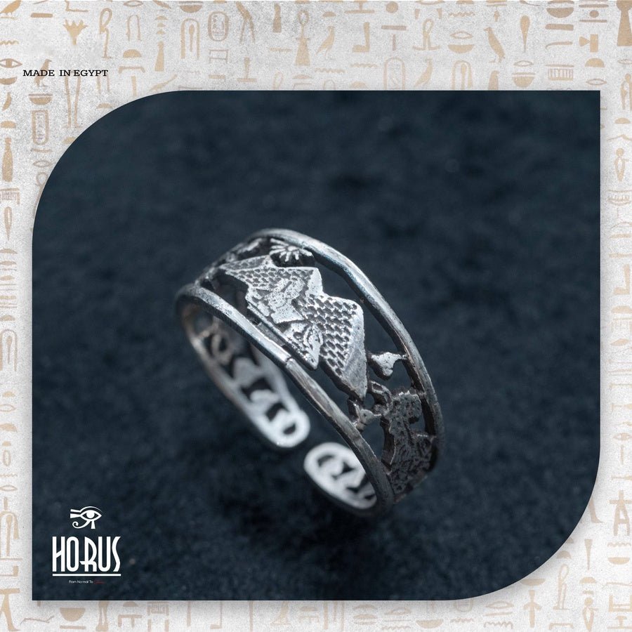خاتم فضة فرعوني مزخرف بالأهرامات والنخلة تحت الشمس - Horus jewelleryRingsHorus jewellery