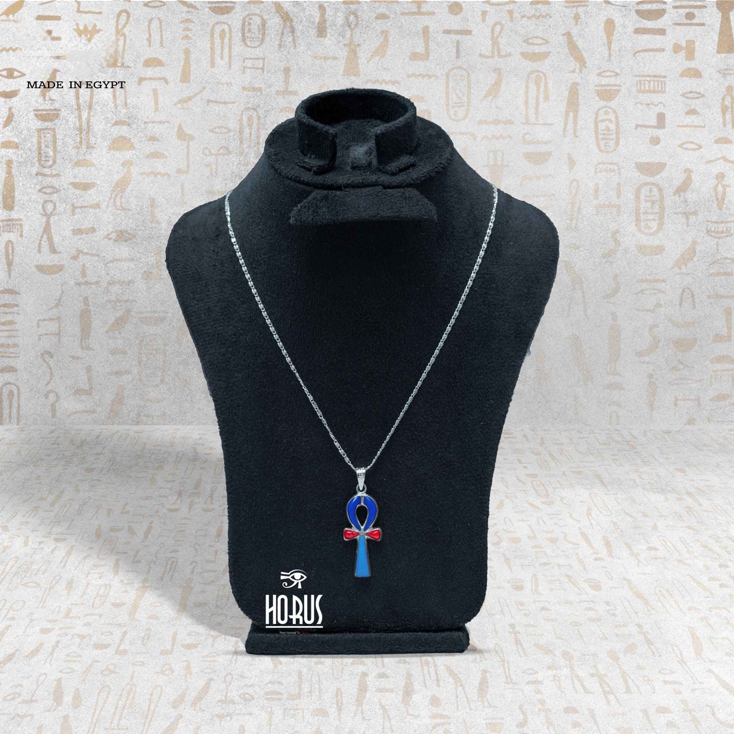 مفتاح الحياة الفرعوني من الفضة بالأزرق والأحمر - Horus jewellery NecklaceHorus jewellery