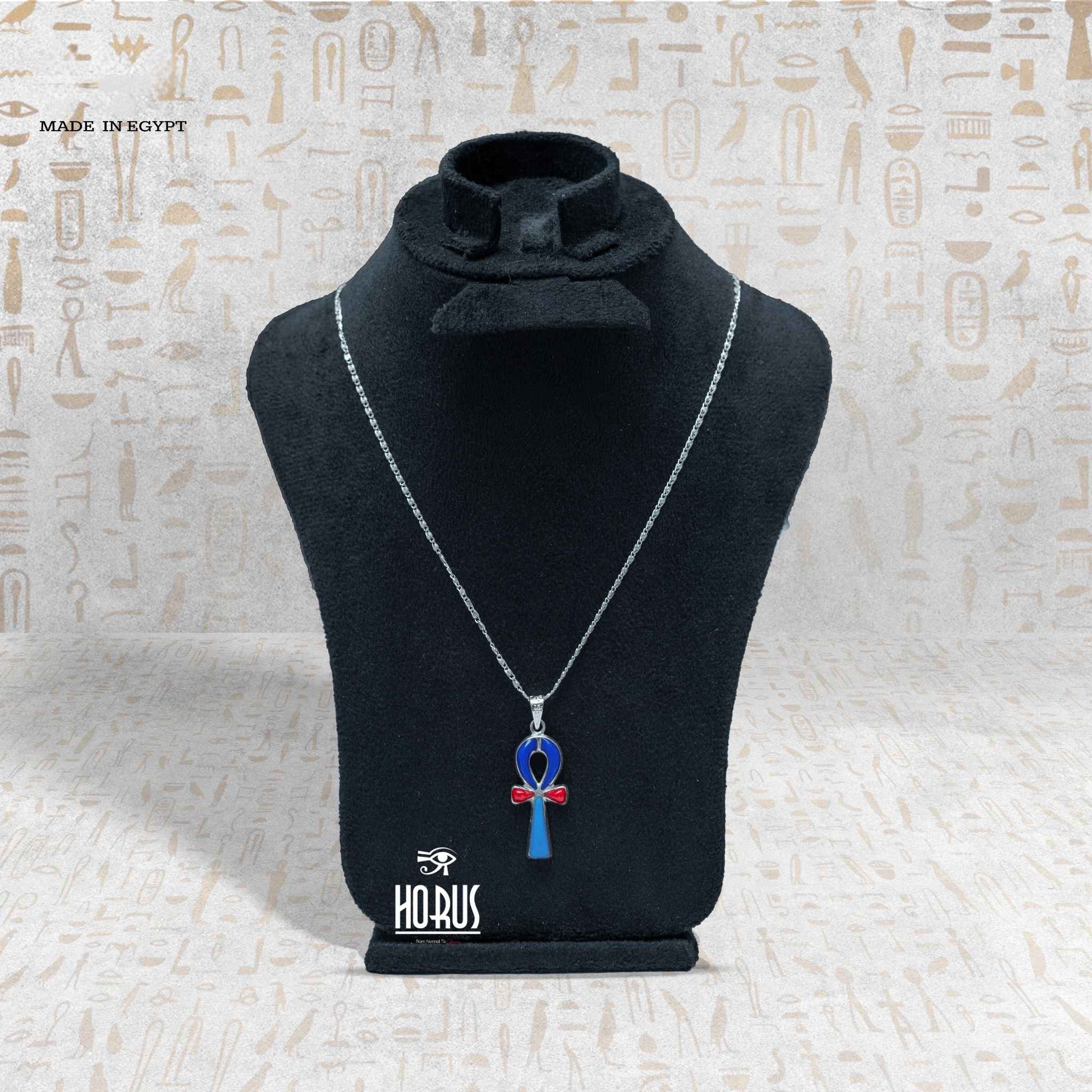 مفتاح الحياة الفرعوني من الفضة بالأزرق والأحمر - Horus jewellery NecklaceHorus jewellery