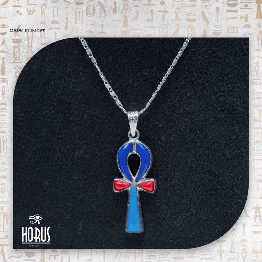 مفتاح الحياة الفرعوني من الفضة بالأزرق والأحمر - Horus jewellery NecklaceHorus jewellery