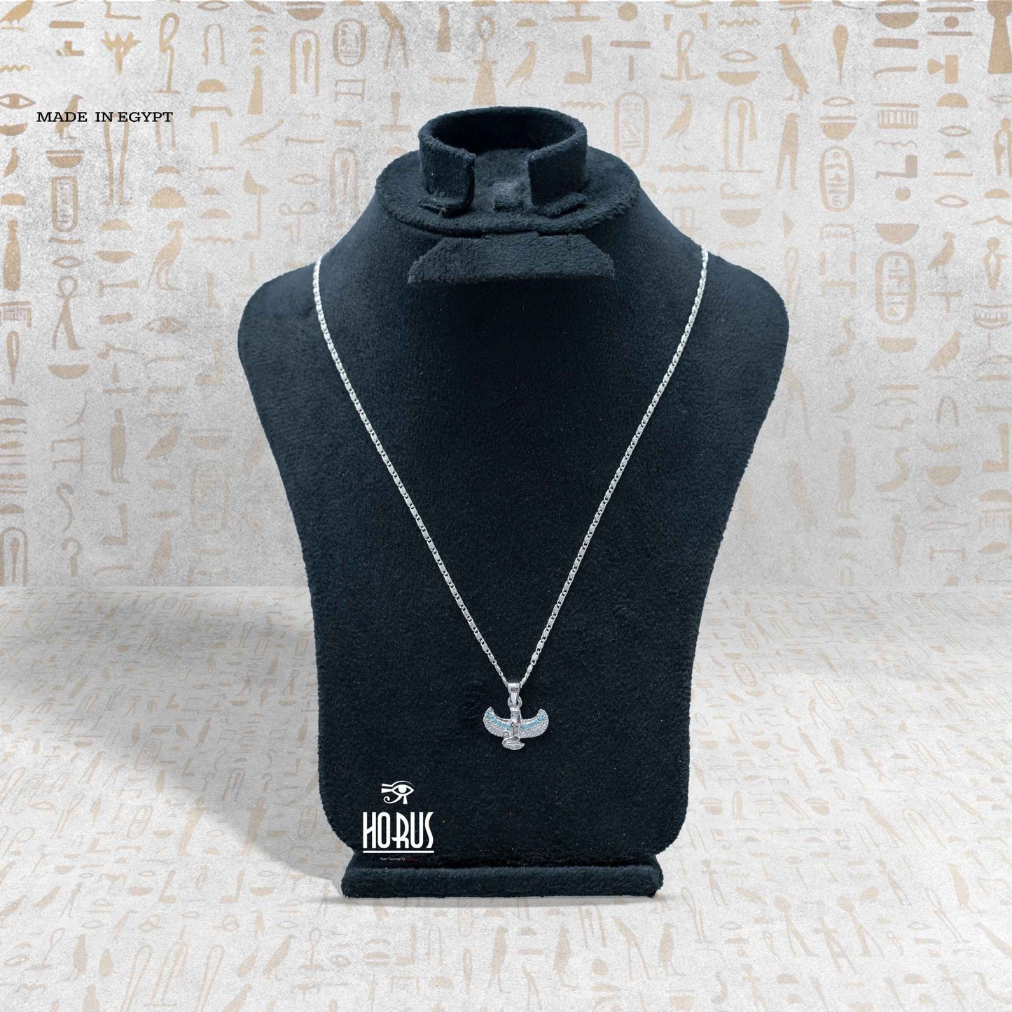 سلسلة فضة فرعونية بتعليقة إيزيس جالسه مطليه روديوم بلاتين. - Horus jewellery NecklaceHorus jewellery